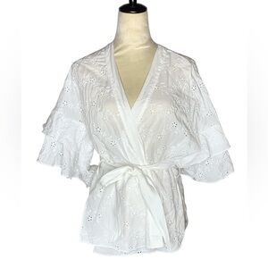 Zara Eyelet White Ruffled Wrap Blouse with Bell Sleeves